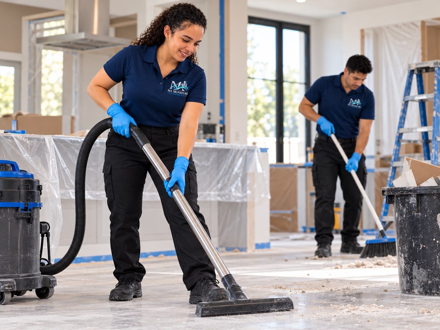 MA Signature Cleaning LLC team vacuuming and sweeping a space after construction