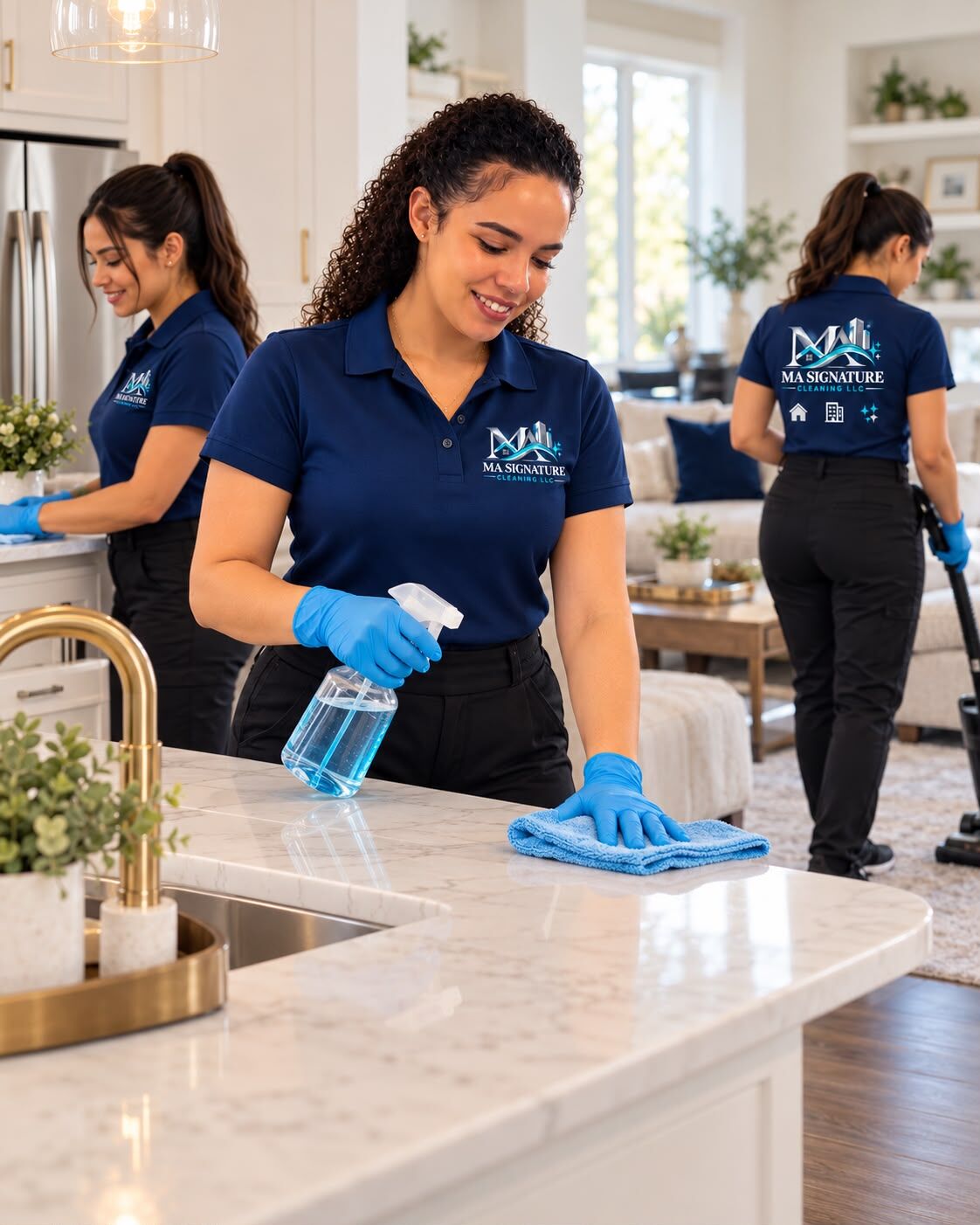 MA Signature Cleaning LLC team member in a navy blue uniform cleaning a kitchen countertop